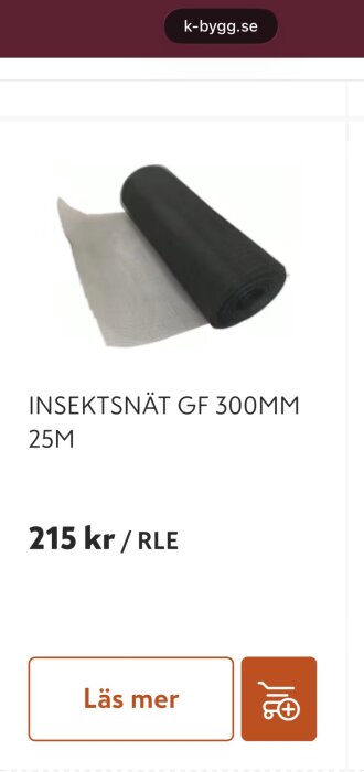 Rulle med finmaskigt insektsnät GF 300MM, 25M, som används för att täppa luftspringor, pris 215 kr per rulle.