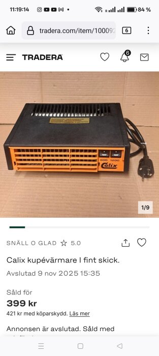 Calix kupévärmare med orange och svart design, två effektlägen, och elkabel, säljs i fint skick på Tradera.