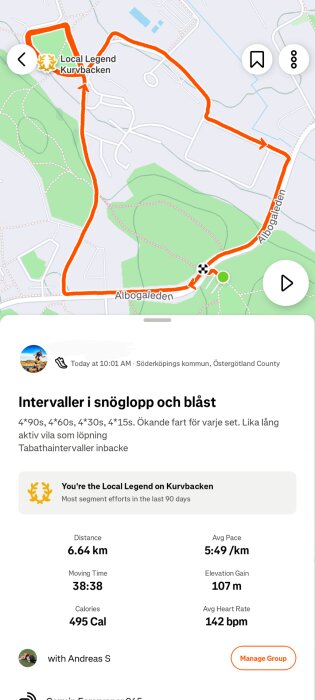 Löpningskarta över Kurvbacken i Söderköping, med detaljer om distans, tid, kalorier, tempo, höjdökning och puls. Local Legend utmärkelse.