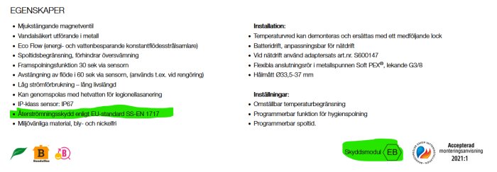 Bild av dokument med egenskaper och specifikationer för blandare, inklusive återströmningsskydd och skyddsmodul, med delar markerade i grönt.