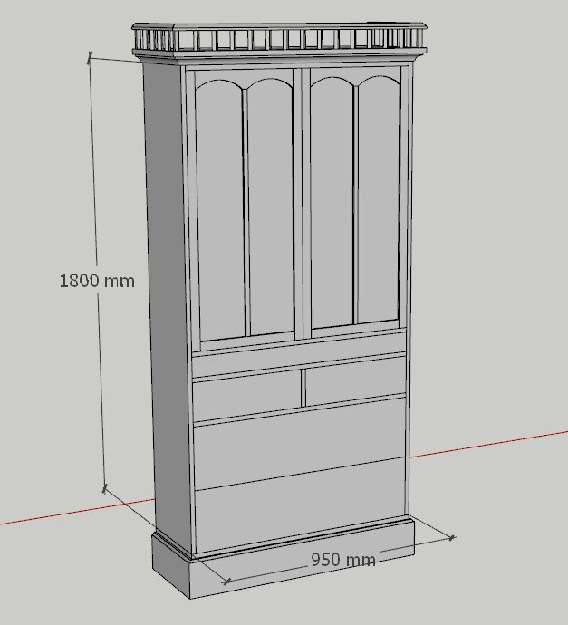 Ritning av skåp med spegeldörrar, mäter 1800 mm i höjd och 950 mm i bredd, med klassisk design och detaljerad topp.