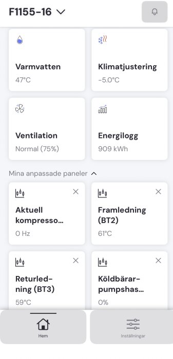 Skärmbild av ett värmepumpsystem med temperaturer: varmvatten 47°C, klimatjustering -5°C, framledning 61°C, returledning 59°C och energilog 909 kWh.
