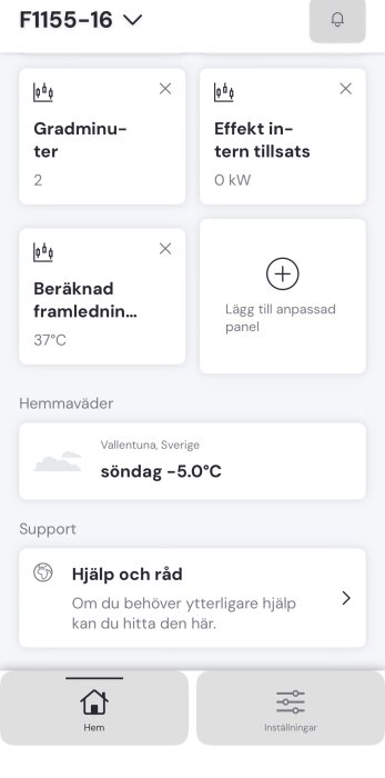 Gränssnitt av bergvärmepump, visar gradminuter 2, effekt intern tillsats 0 kW, beräknad framledningstemperatur 37°C, väder Vallentuna -5°C.