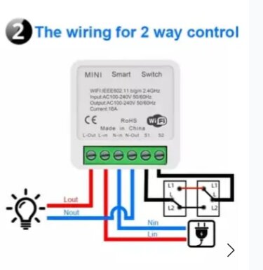 Diagram över elinstallation för tvåvägsstyrning med mini smart switch, visande kopplingsschema med lampor och strömförsörjning.