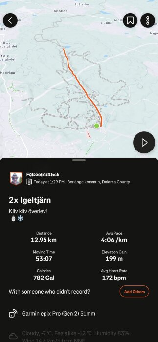 Karta visar en löprunda vid Igeltjärn med detaljer som distans, tid och kaloriförbrukning. Löpbandet mäter 12,95 km med en elev. ökning på 199 m.