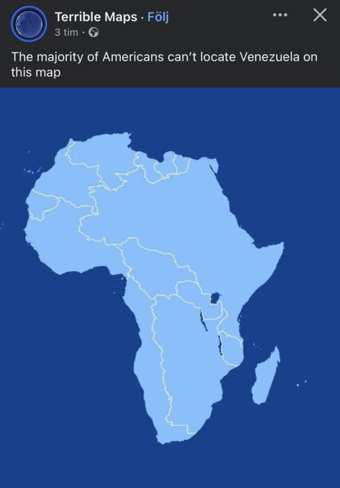 Karta över Afrika med en komisk bildtext om att amerikaner inte hittar Venezuela på kartan.