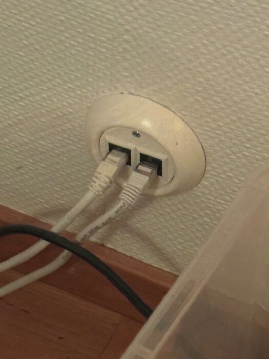 Väggdosa med två nätverkskablar inkopplade mot en vit vägg.