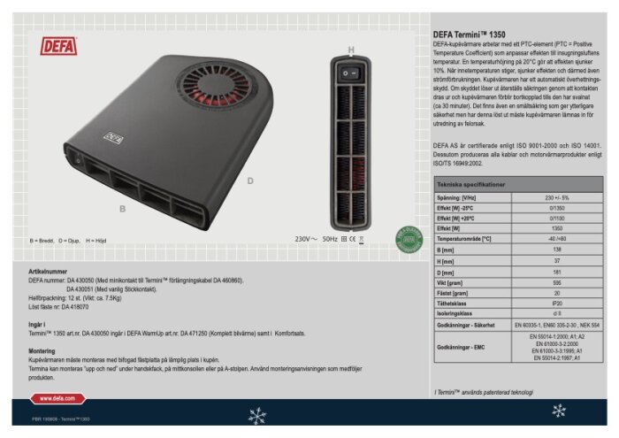 Produktblad för Defa Termini™ 1350 kupévärmare med specifikationer och beskrivning av funktioner samt tekniska detaljer för olika temperaturer.