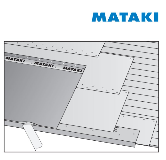 Illustration av takläggning med Mataki-takprodukter, visar lager av takpapp överlappande på ett strukturunderlag med texten "MATAKI".