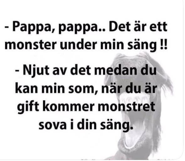 Text på svenska om ett barn som berättar för sin pappa om ett monster under sängen, pappan svarar humoristiskt om ett framtida äktenskap.