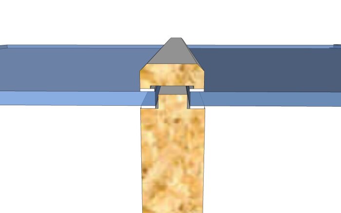 Illustration av en genomgående träplugg som sammanfogar två träskivor i en konstruktion.