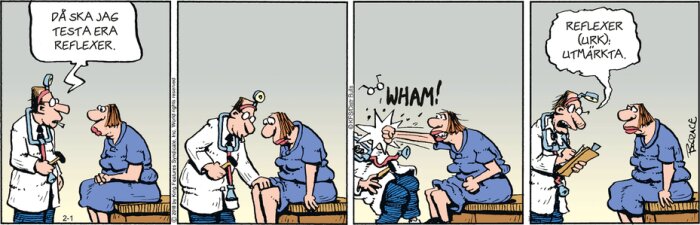 Tecknad serie där en doktor testar en patients reflexer med en hammare, vilket leder till att patienten oavsiktligt slår doktorn i ansiktet.