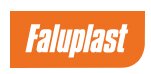 Logotyp för det svenska företaget FaluPlast, med vit text på orange bakgrund.