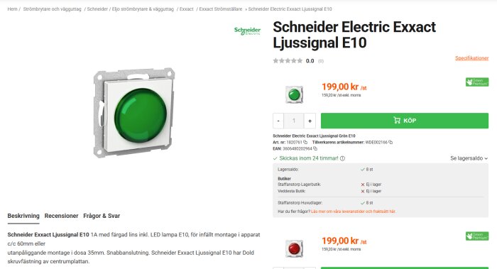 Grön Schneider Exxact Ljussignal E10 för infällt montage, visas på produktwebbsida med köpknapp och prisinformation på 199,00 kr.