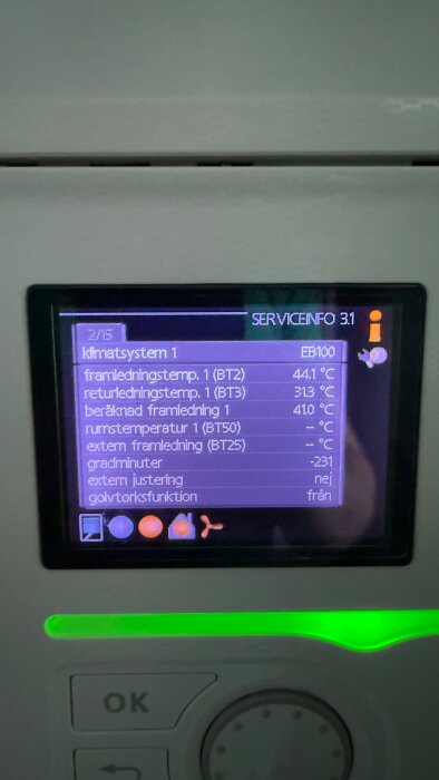 Display av klimatsystem med temperatur- och funktionsinformation, inklusive framledningstemp. vid 44,1°C och golvtorksfunktion av.