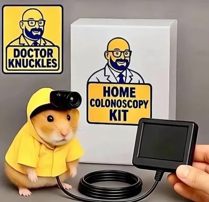 En hamster i gul regnrock bredvid ett "Home Colonoscopy Kit"-paket, med en kamera på huvudet och en bildskärm bredvid.