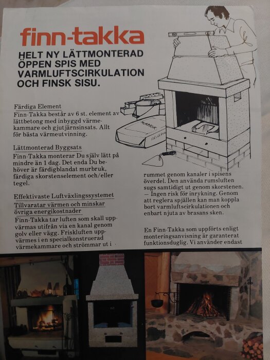 Instruktionsbild för montering av Finn-Takka spis med varmluftscirkulation, visar spisens olika delar och exempel på uppvärmd interiör.