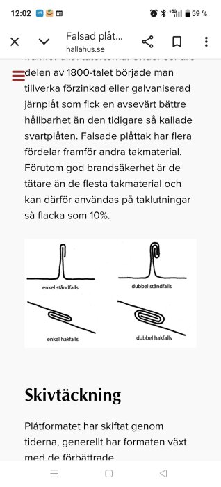 Illustration av falsar för plåttak: enkel ståndfals, dubbel ståndfals, enkel hakfals och dubbel hakfals, med olika vikningar i metall.