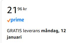 Skärmbild av pris 21,96 kr med Prime-logo och texten 'GRATIS leverans måndag, 12 januari'.