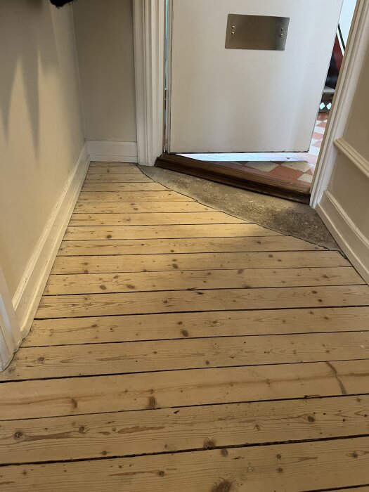 Trägolv i hall med tröskel och ytterdörr i bakgrunden och synlig betongkant framför dörren.
