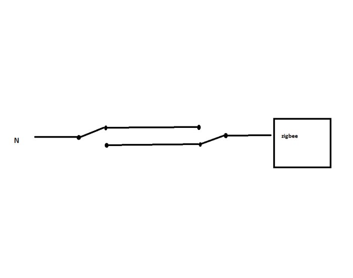 Diagram som visar tråddragning med brytare i opåverkat läge, kopplad till Zigbee-enhet.