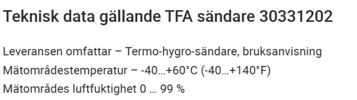 Teknisk specifikation för TFA sändare 30331202: mäter temperatur -40 till +60°C och luftfuktighet 0 till 99%, inklusive bruksanvisning.
