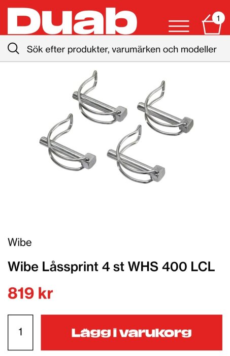 Bild av fyra metalliska låssprintar från Wibe med priset 819 kr, annonserad på Duabs webbplats.