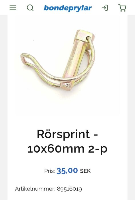 Bild på en rörsprint, 10x60mm, två-pack från Bondeprylar, pris 35 SEK. Artikelnummer: 89516019.