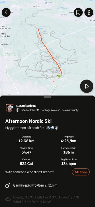 Karta med rutt för nordisk skidtur i Borlänge, Dalarna, på strax över 12 km. Statistiken visar distans, tempo, kaloriförbrukning och hjärtfrekvens.