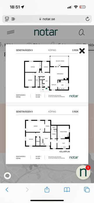 Planlösning för ett hus på Senstavägen 9 i Köping, med bottenvåning och källarplan som inkluderar sovrum, kök, vardagsrum, garage och bastu.