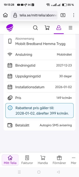 Skärmavbild av Telia-abonnemang med detaljer om mobilt bredband, bindningstid, pris och betalningssätt. Rabatt gäller till 2028-01-02.