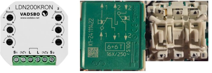 Vadsbo LDN200KRON dimmer och Schneider väggbrytare med anslutningsdiagram.