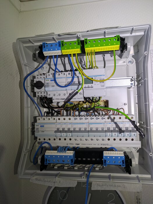 Elcentral med blå och gröna plintar, olika kablar och monterade dvärgbrytare, illustrerar kabeldragning och kopplingar för TN-C och TN-S-system.