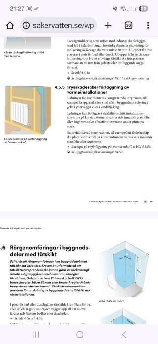 Illustration av rörförläggning på den "varma sidan" med en vägg- och radiatoruppsättning.