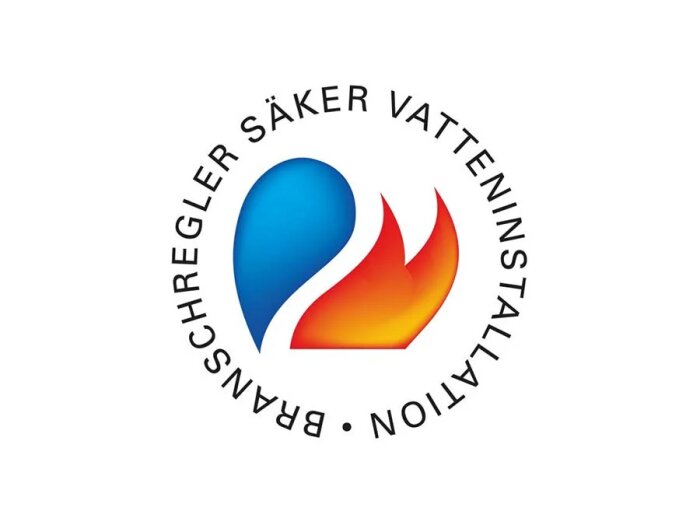 Symbol för branschregler Säker Vatteninstallation, visar droppformade ikoner i blått och orange i en cirkel med text runtom.