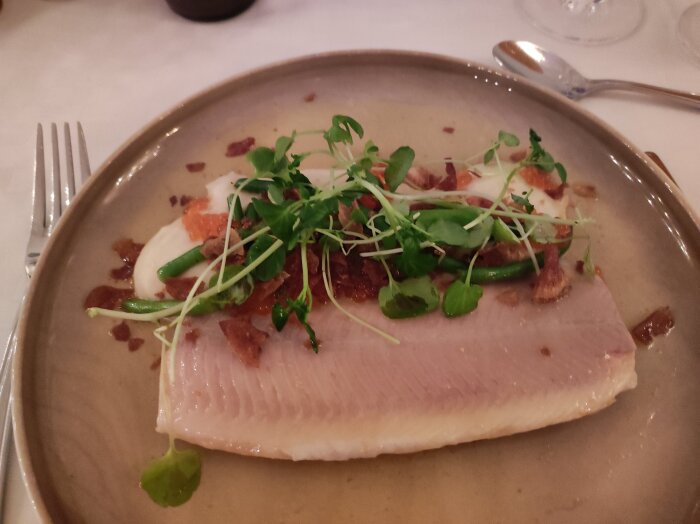 Röding serverad på tallrik med gröna örter och inslag av grönsaker och sås från Vadstena Kloster hotell.