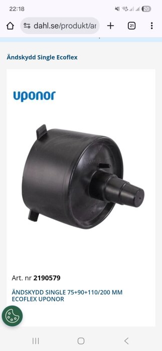 Svart ändskydd av plast från Uponor, modell Ecoflex Single, art.nr 2190579, för rörstorlekar 75+90+110/200 mm.