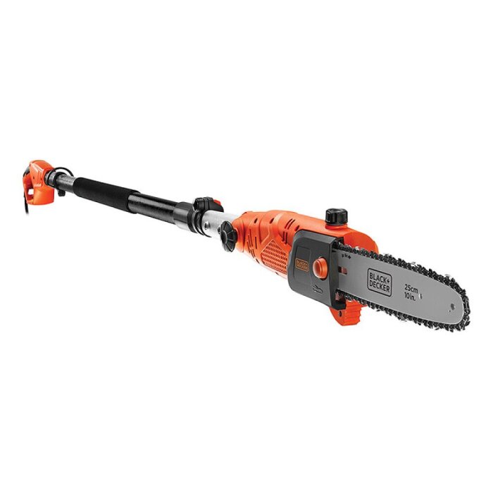 Grensåg BLACK+DECKER PS7525-QS 800W med teleskopisk arm och orange färg, idealisk för trädvård och beskärning.
