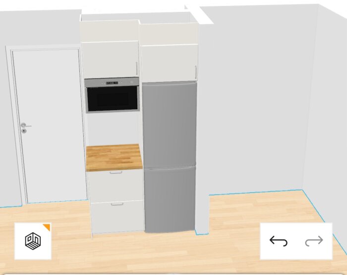 Kök med kylskåp, vita överskåp, och inbyggd mikrovågsugn. Ljus träbänk, dörr till vänster. Digital köksplanering från IKEA.