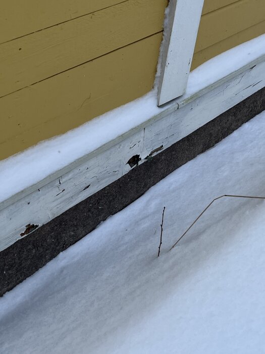 Syll med rötskada på en äldre husfasad, snötäckt mark, gul vägg och vit panel synlig.