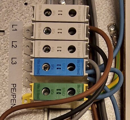 Mätarskåpets inkommande plint, visande flera kopplingsklämmor med ledningar i olika färger; märkningar inkluderar L1, L2, L3, PE/PEN.
