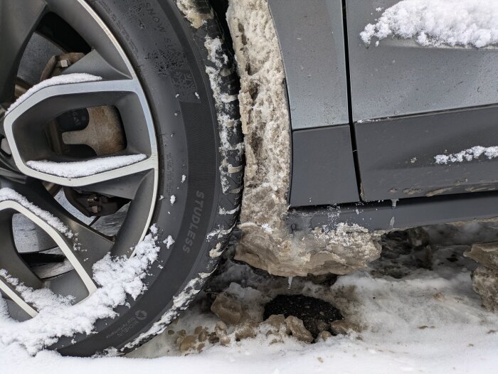 Bilhjul och hjulhus täckta av snö och is, med fokus på isiga uppbyggnader som är svåra att ta bort vid minusgrader.