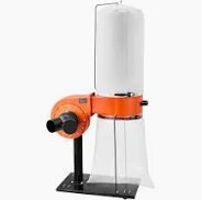 Dammsugare med orange motorenhet och vit filterpåse. Ställning med fäste för utsug. Lämplig för användning tillsammans med en utsugsfläkt.