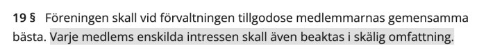 Text av 19 § markerad: "Varje medlems enskilda intressen skall även beaktas i skälig omfattning.