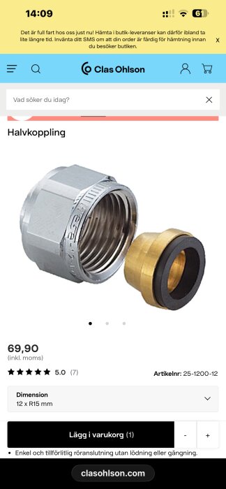 Halvkoppling med gängor och packning, används för röranslutning, avbildad på en produktvisning från Clas Ohlson.