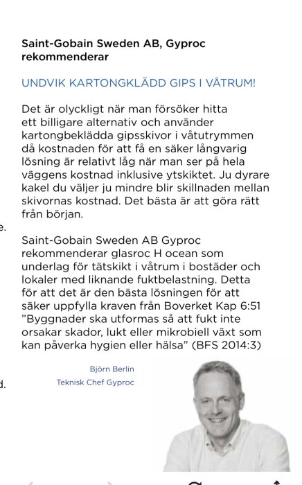 Text om Gyprocs våtrumslösningar med foto av en person.