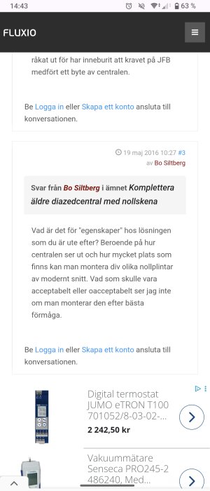 Forumdiskussion om att komplettera äldre diazedcentral med nollplint. Användaren frågar om lösningar och egenskaper kring plats och installation.