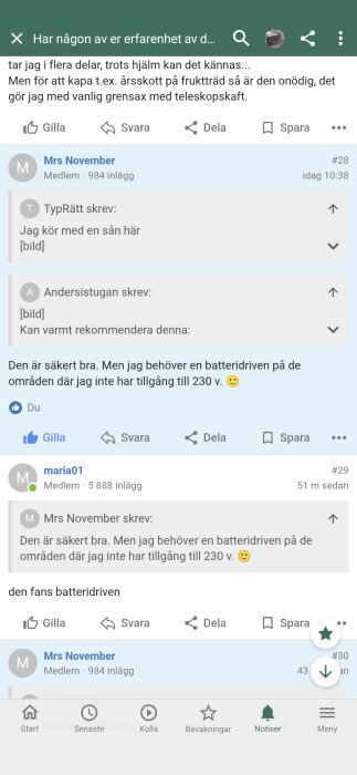 Bild av en diskussionstråd där användare diskuterar behovet av en batteridriven såg för arbete utan tillgång till 230 volt.