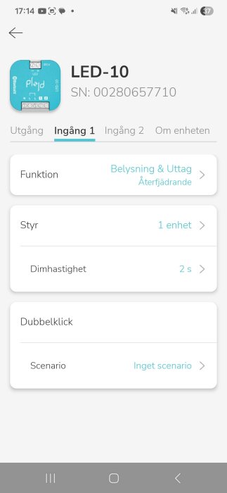 Skärmdump av appkonfiguration för LED-10: Ingång 1, styrning av belysning och uttag, dimhastighet 2 sekunder, inget scenario inställt.