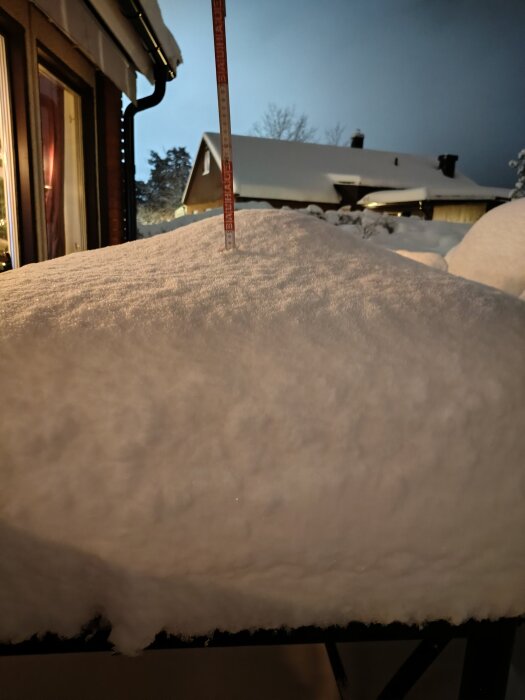 Stor snöhög med en mätsticka på ett bord i en trädgård, snötäckta tak och träd syns i bakgrunden.